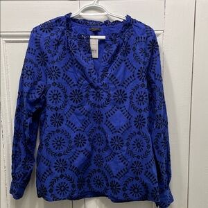 Ann Taylor Blue and Black Embroidered Cotton Blouse